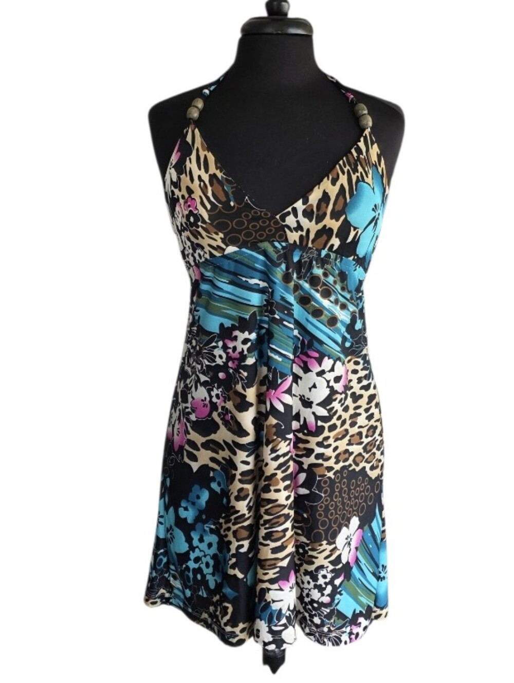 Vintage Y2K Blue Floral & Leopard Halter Mini Dress Boho Baddie Zara Larsson